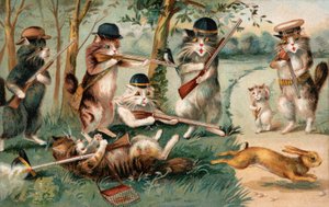 Komische Katzen auf der Jagd nach Kaninchen von European School