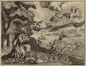 Elisa beobachtet, wie sein Vater Elija von einem Wirbelwind in den Himmel getragen wird (Gravur) von European School