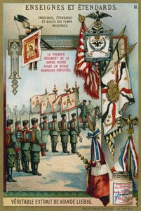 Erstes Regiment der russischen Garde wird mit entfalteten Fahnen überprüft von European School