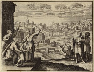 Goldbekleidete Kavallerie in der Luft über Jerusalem (Gravur)