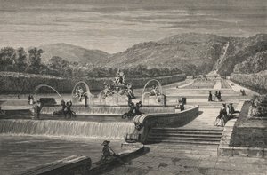 Das Wasserbecken und der Wasserfall in Caserta (Stich)