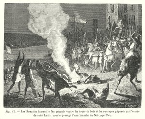 Die Sarazenen werfen griechisches Feuer gegen die Holztürme und die von der Armee des heiligen Ludwig vorbereiteten Werke, um einen Nilarm zu überqueren von European School