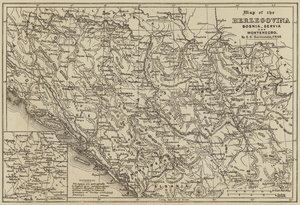 Karte von Herzegowina, Bosnien, Serbien und Montenegro (Gravur) von European School