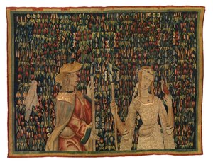 Mille-fleurs-Wandteppichfragment, Darstellung von Schäfer und Schäferin oder Dame und Jüngling