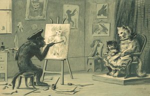 Affe malt ein Porträt einer Katze und eines Kätzchens
