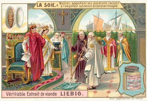Mönche bringen die ersten Seidenkokons zu Kaiser Justinian nach Konstantinopel