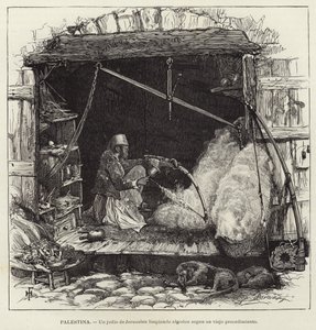 Palästina, Ein Jude aus Jerusalem reinigt Baumwolle nach einer alten Methode
