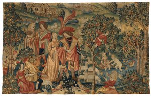 Wandteppich, der eine pastorale Szene mit Obsternte darstellt, oder Der Seigneur in seinem Park oder Ländliche Allianz und Obsternte, um 1500 (Wolle & Seide)