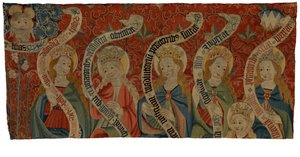 Wandteppichfragment, Darstellung des Allmächtigen und sechs heiliger Frauen, wahrscheinlich von einem Antependium, Ende des 15. Jahrhunderts