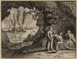Die Verbrennung von Sodom und Lots Töchter machen ihn betrunken, um Kinder von ihm zu bekommen (Gravur)