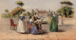 Frauen trinken Tee oder Kaffee im Garten eines Landhauses von European School