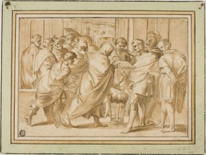 Szene aus der römischen Geschichte, mit einer drapierten Figur, die ein Buch dem Herrscher überreicht von Eustache Le Sueur