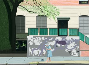 Frau fegt Bürgersteig, Brooklyn