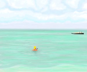Frau schwimmt mit Hund im Ozean von Evan Sklar