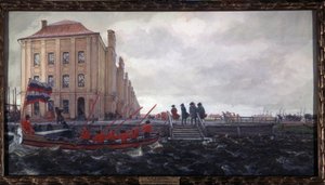 Sankt Petersburg zu Beginn des 18. Jahrhunderts. Das Gebäude der Zwölf Kollegien. Beschreibung eines Kais der Newa, vor der Universität, wo Männer auf die Ankunft eines Bootes warten.