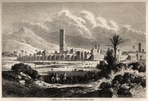Ansicht der Stadt Marrakesch (ehemals Marokko), Zeichnung von Auguste de Berard (1824-1881), zur Illustration der Reise von Mr.F. Schickler nach Marokko im Jahr 1860. Gravur in „Le tour du monde, nouveau journal des voyages“ Paris