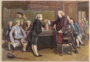 Boswells Einführung in den Literarischen Club - Doktor Johnson empfängt Boswell in der Bibliothek - Gravur nach einem Gemälde von Eyre Crowe von Eyre (after) Crowe