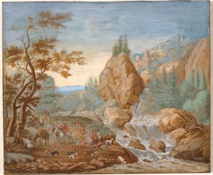 Berglandschaft mit einer Jagdgesellschaft im Vordergrund