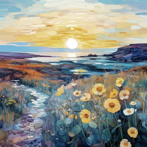 Abstrakte lila Blumen in Sonnenaufgangslandschaft von F. Abderrahim