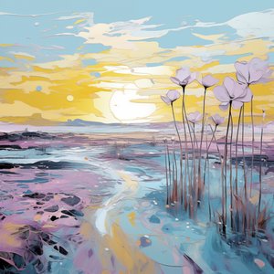 Abstrakte lila Blumen in Sonnenuntergangslandschaft von F. Abderrahim