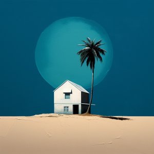 Abstraktes Häuschen am Strand mit einer Palme
