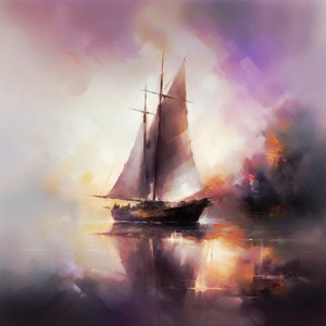 Abstraktes Gemälde eines Segelboots in Meereslandschaft, Wandkunst | Leinwanddrucke von F. Abderrahim