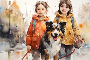 Aquarellporträt von Hund und Kindern