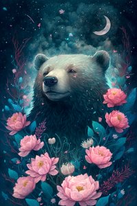 Bär in einer Fantasietraumlandschaft, umgeben von Blumen