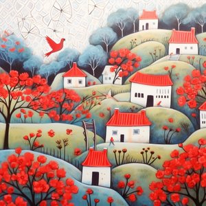 Schöne Häuser in einer roten und violetten Landschaft, ein surrealistisches Gemälde, Leinwanddrucke