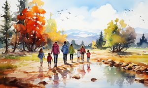Naturwanderer, Landschaft mit Bergen, Bäumen und Wasser von F. Abderrahim
