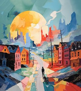 Verschneiter Tag in der Altstadt, surrealistische Winterlandschaft