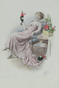 Postkarte mit einer Frau und Champagnerflaschen in Form von Männern, ca. 1900