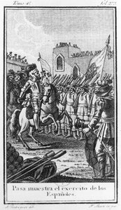 Hernando Cortes (1485-1547) überprüft seine Truppen, graviert von Antonio Rodriquez von F. Marti