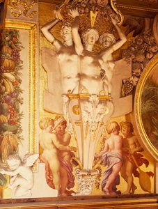 Fresken und Stuckarbeiten in der Galerie von Franz I. im Schloss Fontainebleau, Frankreich (UNESCO-Welterbestätte) von F. and Rosso Fiorentino G. Primaticcio