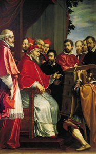 Michelangelo präsentiert Papst Julius III. das Modell des Gebäudes des Rota-Gerichts in der Giulia-Straße