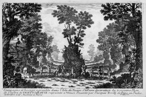 Illustration für Akt III der Oper „La venere gelosa“ (Venus eifersüchtig) von Francesco Sacrati. Dekor von Jacopo Torelli
