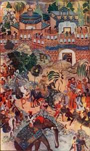 Der große Kaiser Akbar betritt seine Stadt in Staat, 1572, 1590-1595, um 1930