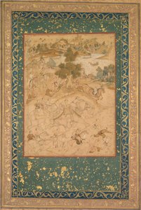 Akbar überwacht die Gefangennahme von wilden Elefanten in Malwa im Jahr 1564, Malerei 90, ca. 1602-3
