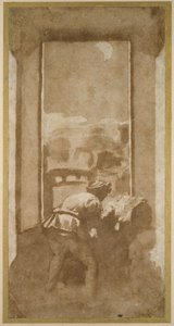 Mann, der bei Mondschein aus dem Fenster eines Hauses zeichnet (Feder und Tinte mit Waschung auf Papier)