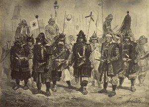 Fotografische Kopie einer Zeichnung japanischer Krieger von Charles Wirgman