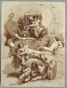 Apollo mit Lyra, Ruhm, Überfluss, Schönheit und zwei Putti auf Wolken, Studie nach Marcantonio Franceschini