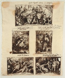 Entwurf für verschiedene Dekorationen, einschließlich Coriolanus an den Mauern von Rom von Felice Giani