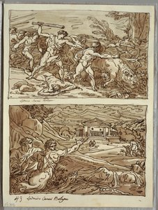 Remus vertreibt und tötet die Räuber der Herden; Zufluchtsort für die Flüchtlinge auf dem Kapitol, zwei Studien nach Carracci