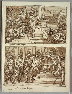 Remus tötet König Amulius; Remus in Ketten vor König Amulius; Zwei Studien nach Carracci von Felice Giani