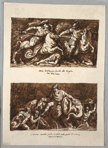Skizzenbuchseite: Tod des Flaminius in der Schlacht von Trasimeno; Annabelle verliert ein Auge in den Sümpfen von Fiano, Toskana
