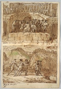 Skizzenbuchseite, Folio 98: Zwei Gemälde nach Caravaggio und Raphael; Rückseite: Adler und Ochse