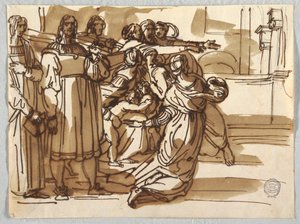 Der Prälat und die Schemelträger und Frauen in ihrer Nähe in "Vertreibung des Heliodorus" nach Raffael Sanzio