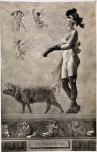 Pornokrates (Nackte Frau, Augenbinde, umgeben von Engeln und hält ein Schwein an der Leine) - Zeichnung von Felicien Rops (1833-1898) von Félicien Rops