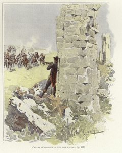 Ein Soldat lehnt an einer zerstörten Mauer und zielt auf den herannahenden Angriff von Felicien baron de Myrbach Rheinfeld