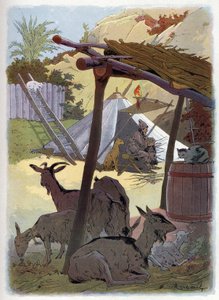 Robinson Crusoe zu Hause mit seinen Tieren